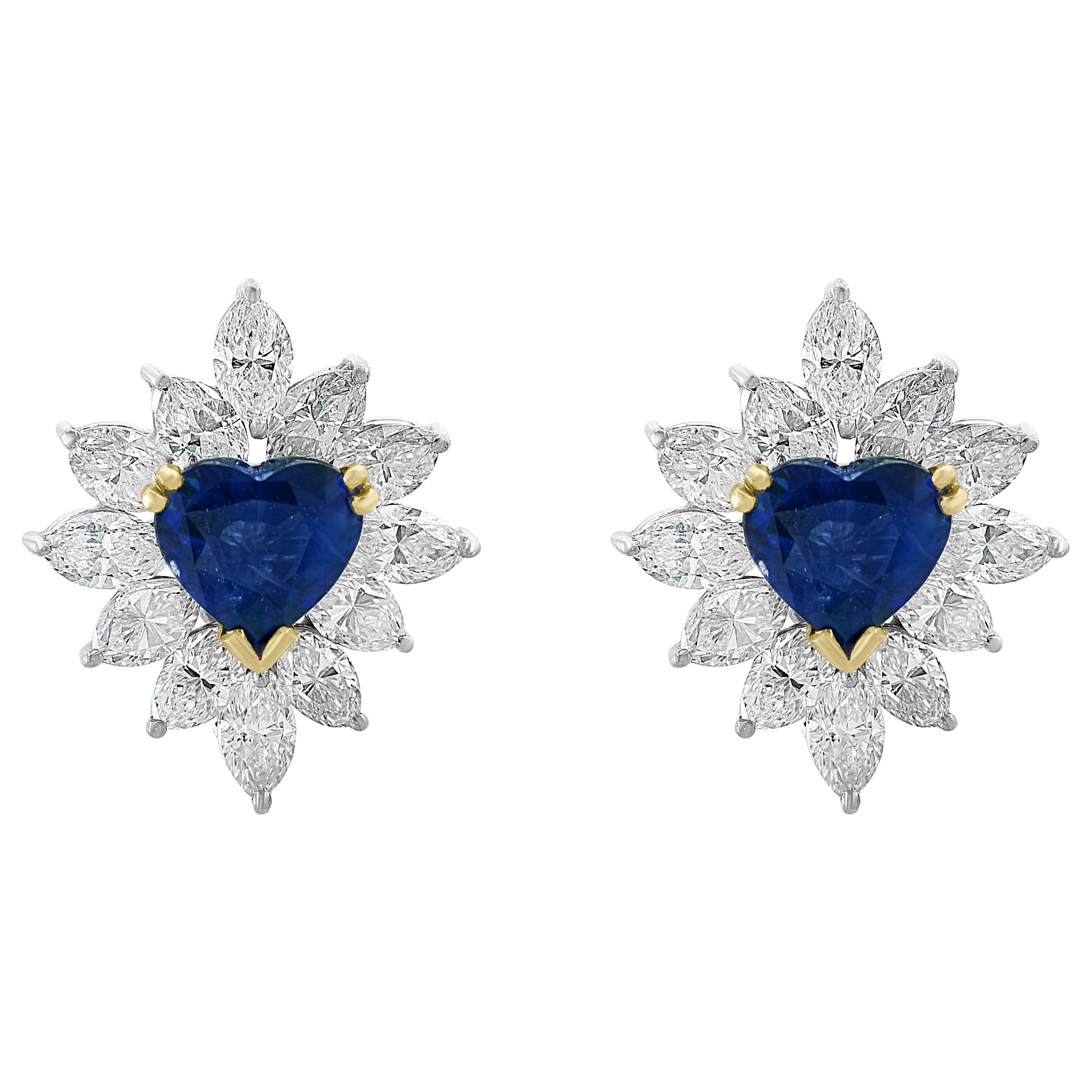 GIA Certified Ceylon Heart Shape Sapphire & 3.5 Carat Diamond Stud Earring 18KG For Sale