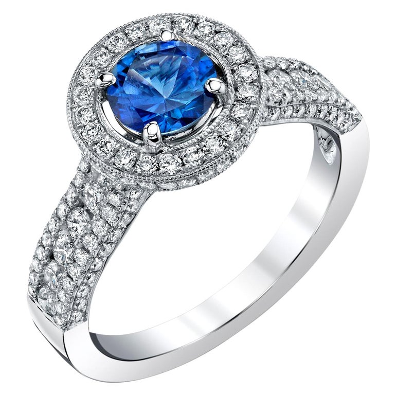 Cornflower Blue Sapphire, Pave Diamond Halo 18k White Gold Engagement Band Ring For Sale