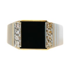 Retro Onyx and Diamond Two-Tone Gold Men's Ring