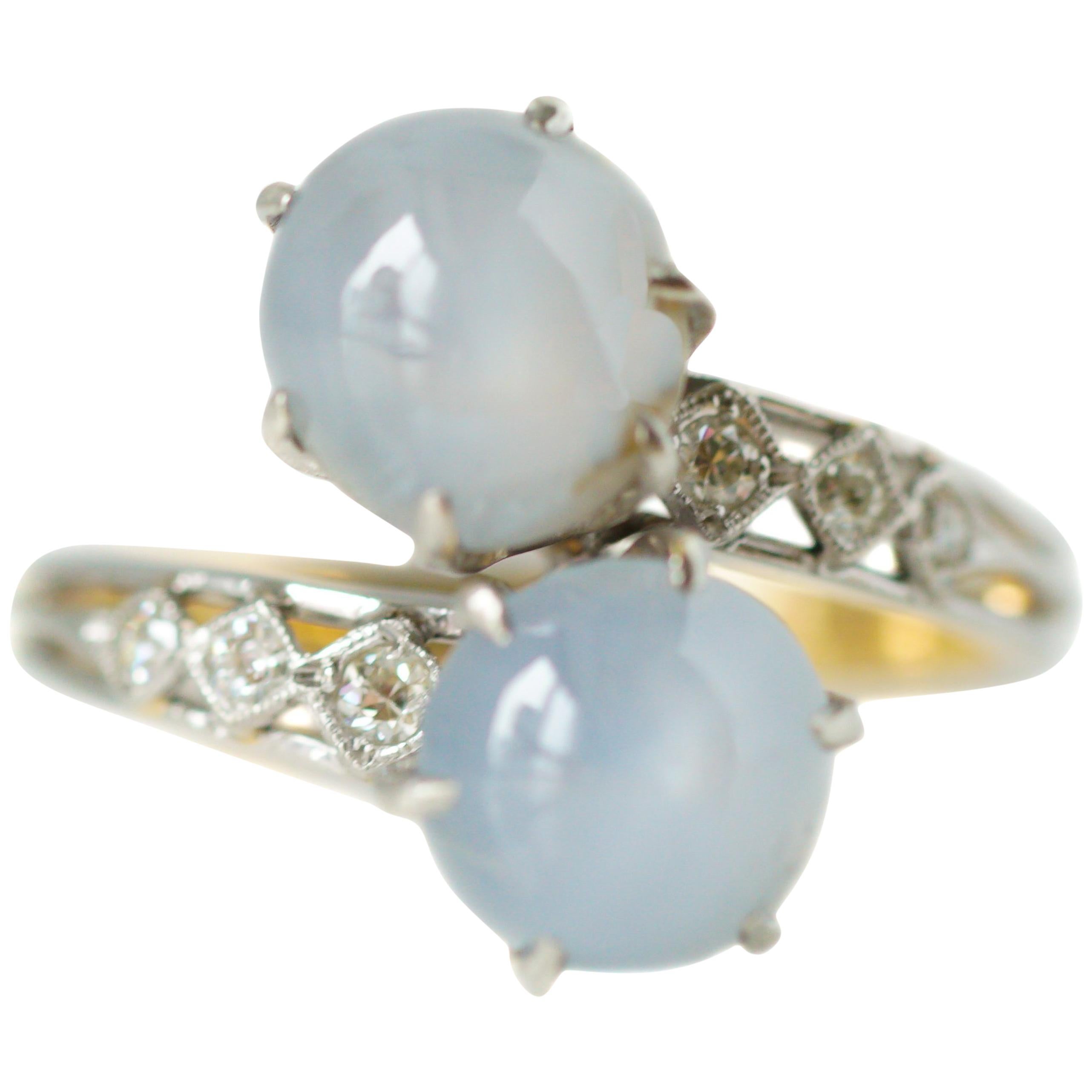 1890s Star Sapphire and Diamond 'Toi et Moi' Bypass 14 Karat White Gold Ring