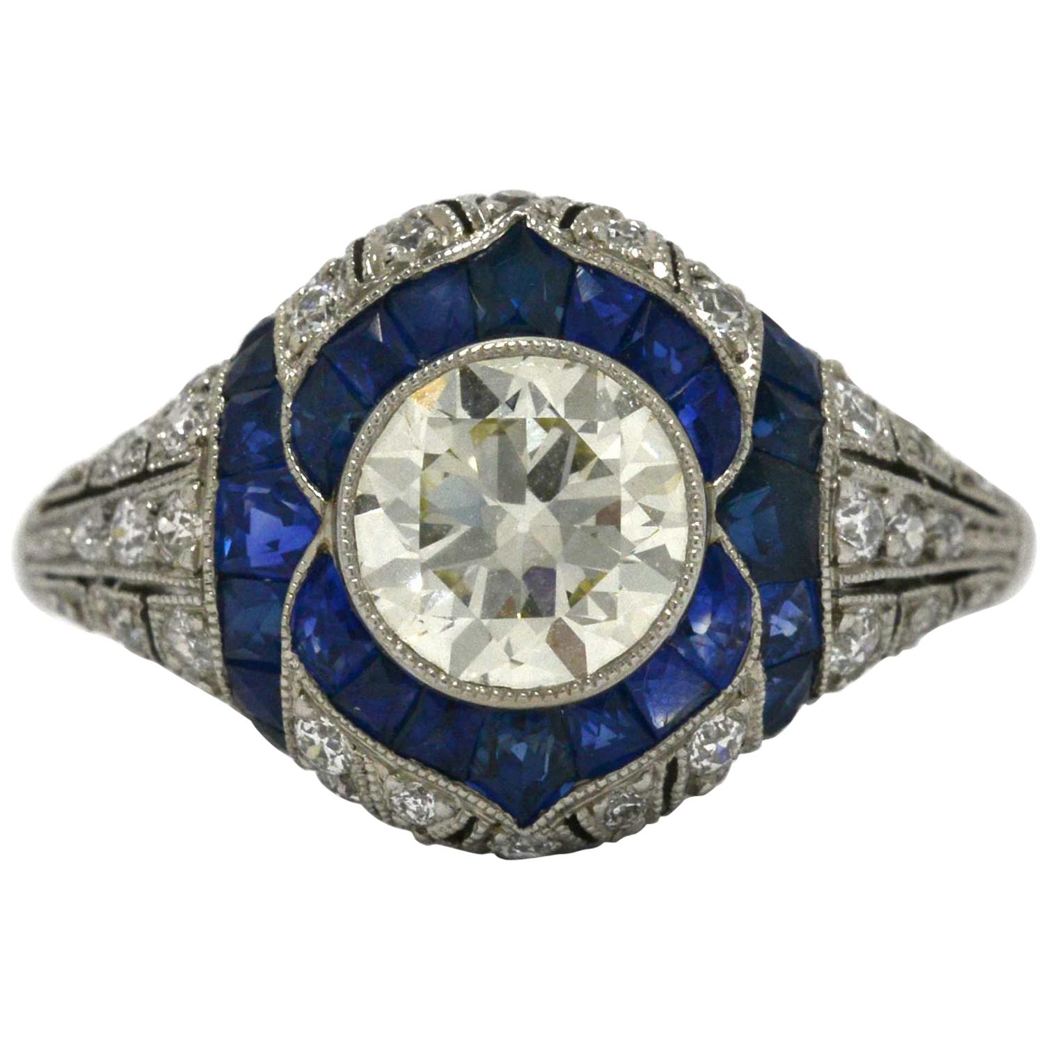 Old European Diamond Engagement Ring French Cut Sapphires