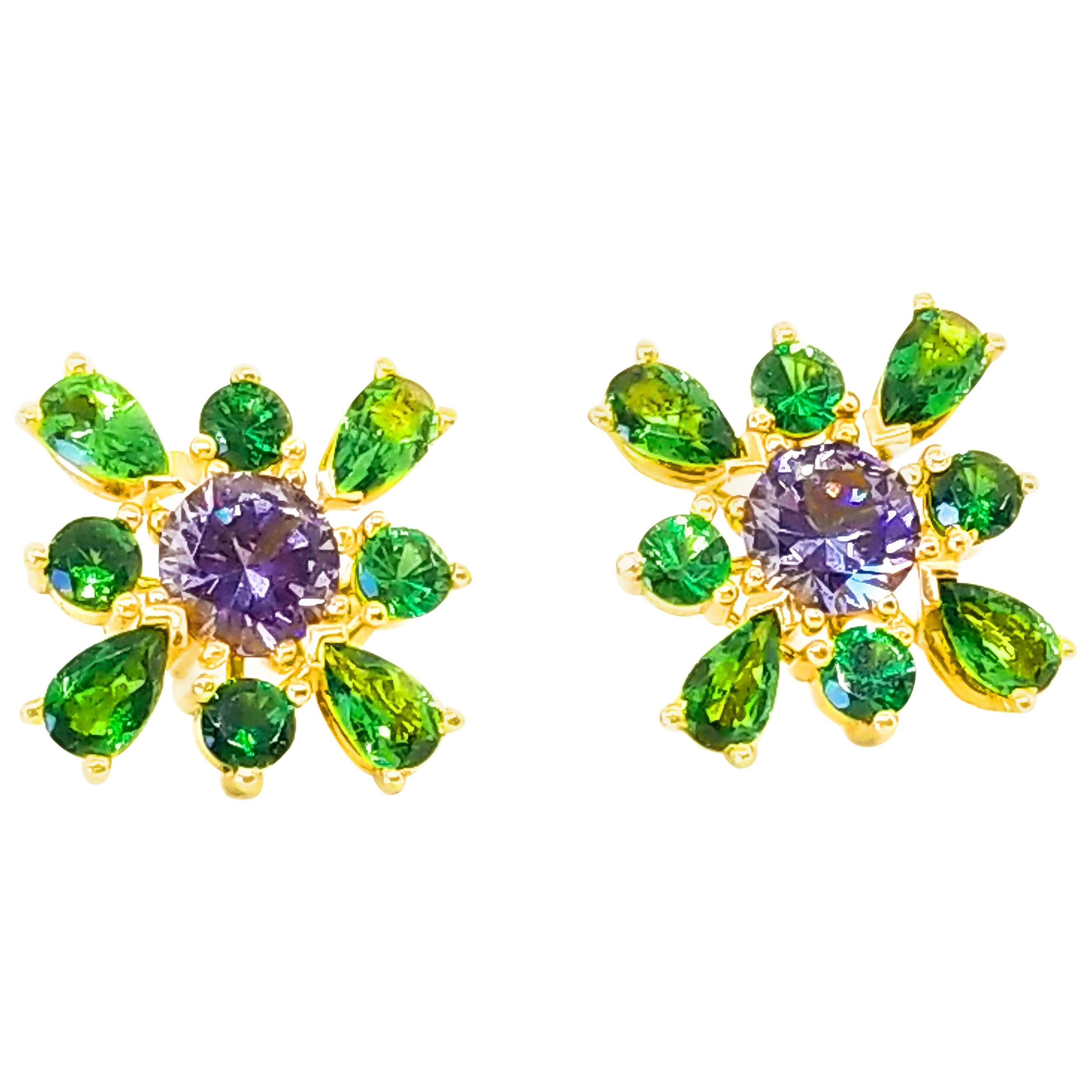 Lavender Spinel Green Tsavorite Garnet Floret Cluster Earrings 18 Karat Gold