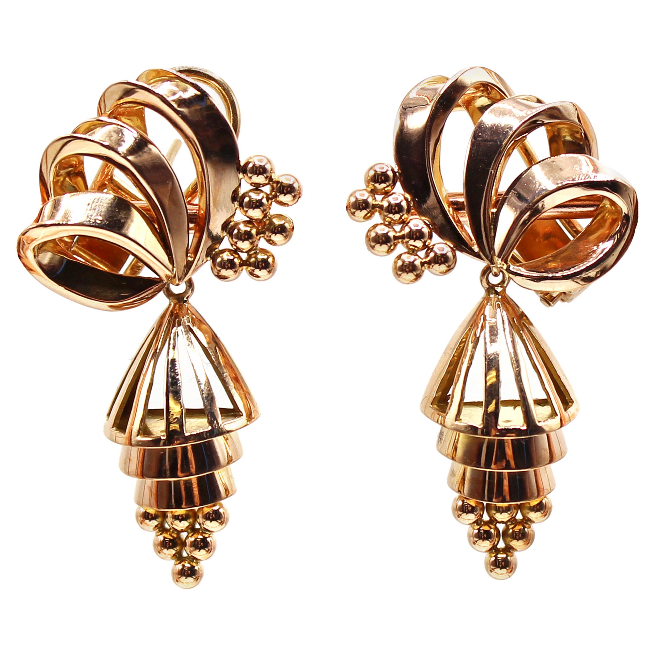 Retro 18 Karat Rose Gold Dangling Earrings