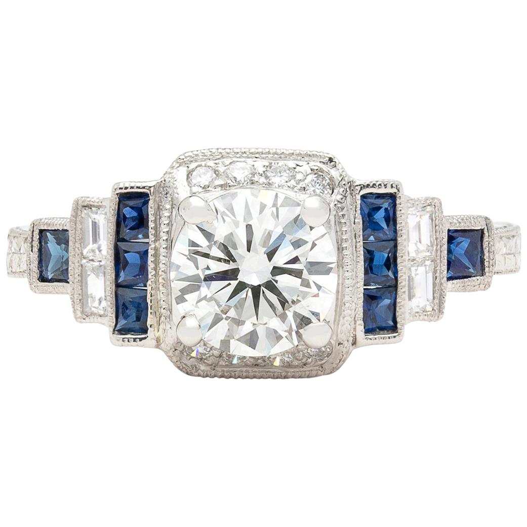 GIA J/SI1 1.00 Carat Diamond and Sapphire Engagement Ring
