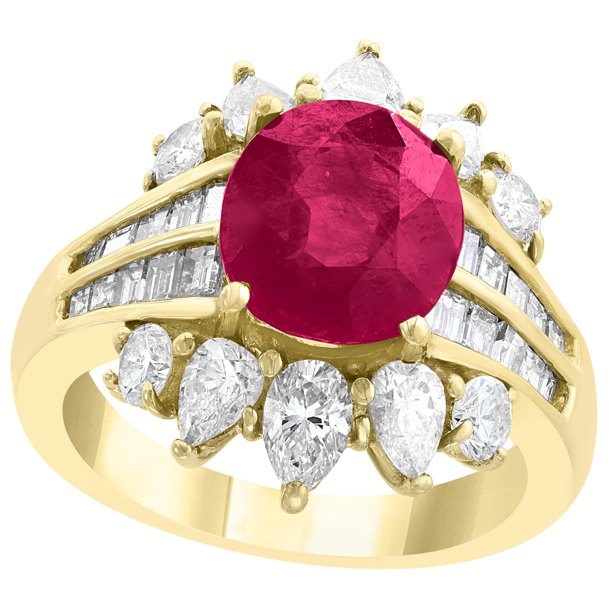 GIA Certified 3.6 Carat Burma Ruby Minor Heat and Diamond 18 Karat Gold Ring For Sale