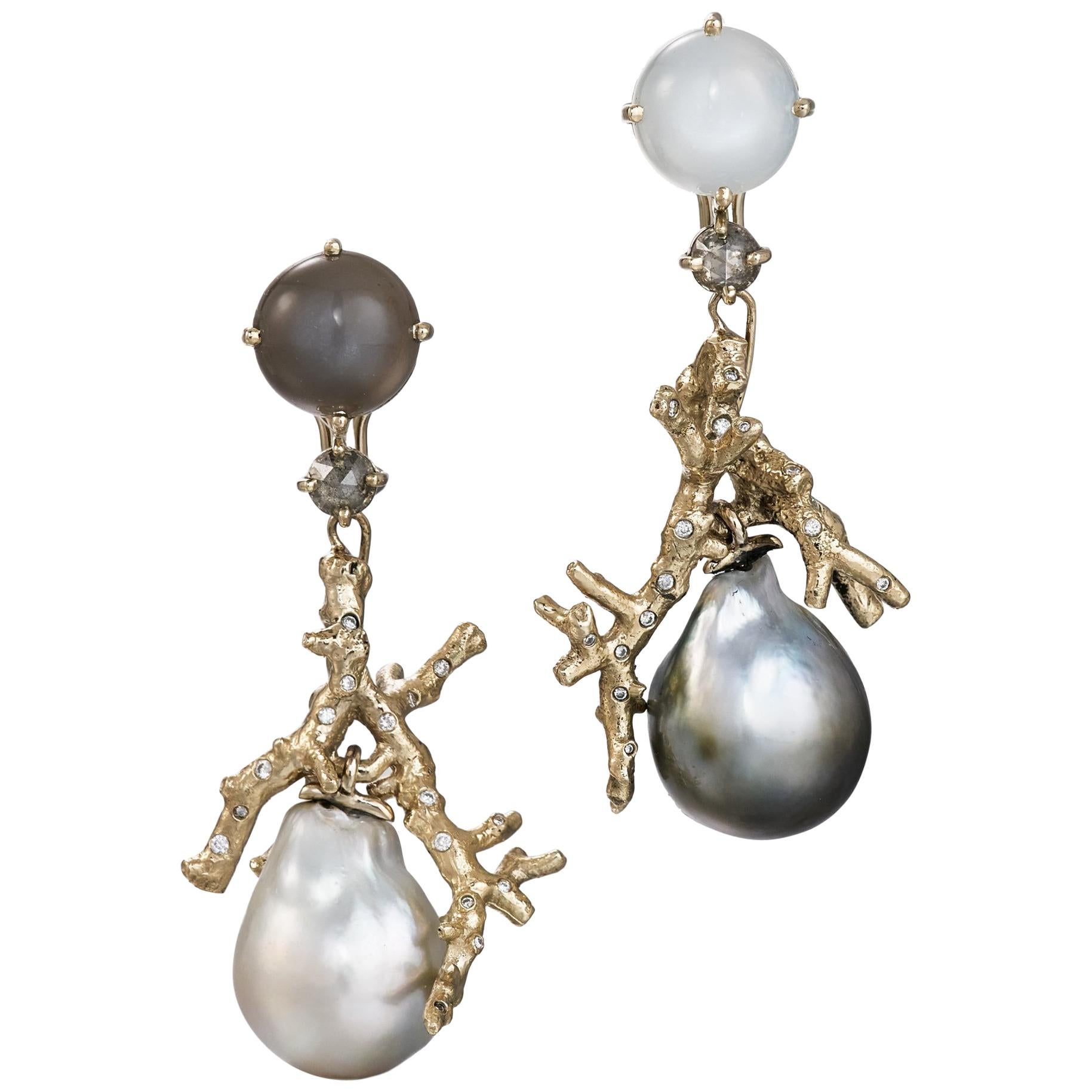 Daria de Koning Moonstone, Diamond, South Sea Pearl, Tahitian Pearl Earrings