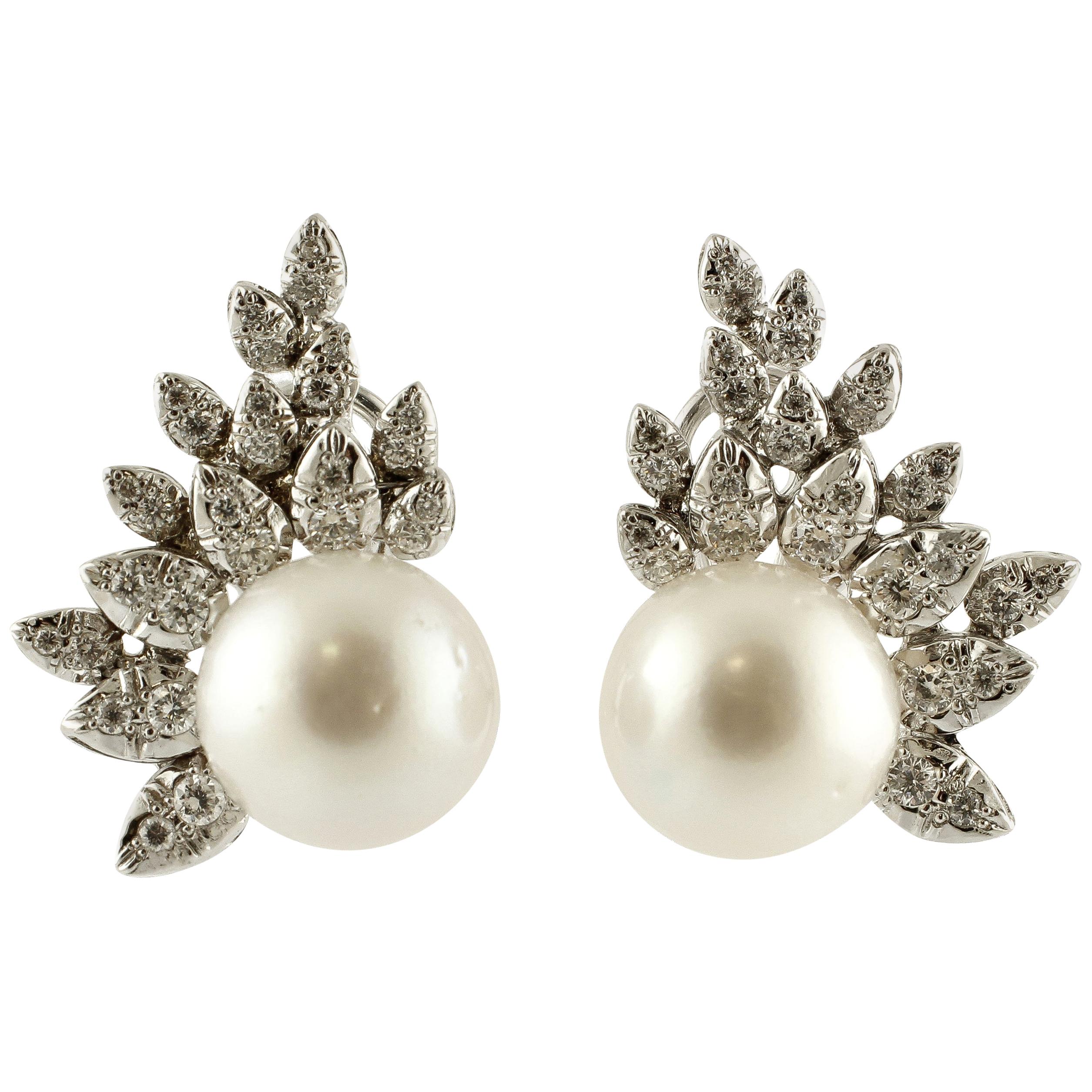 Pearls and Diamonds Leaves White Gold Earrings