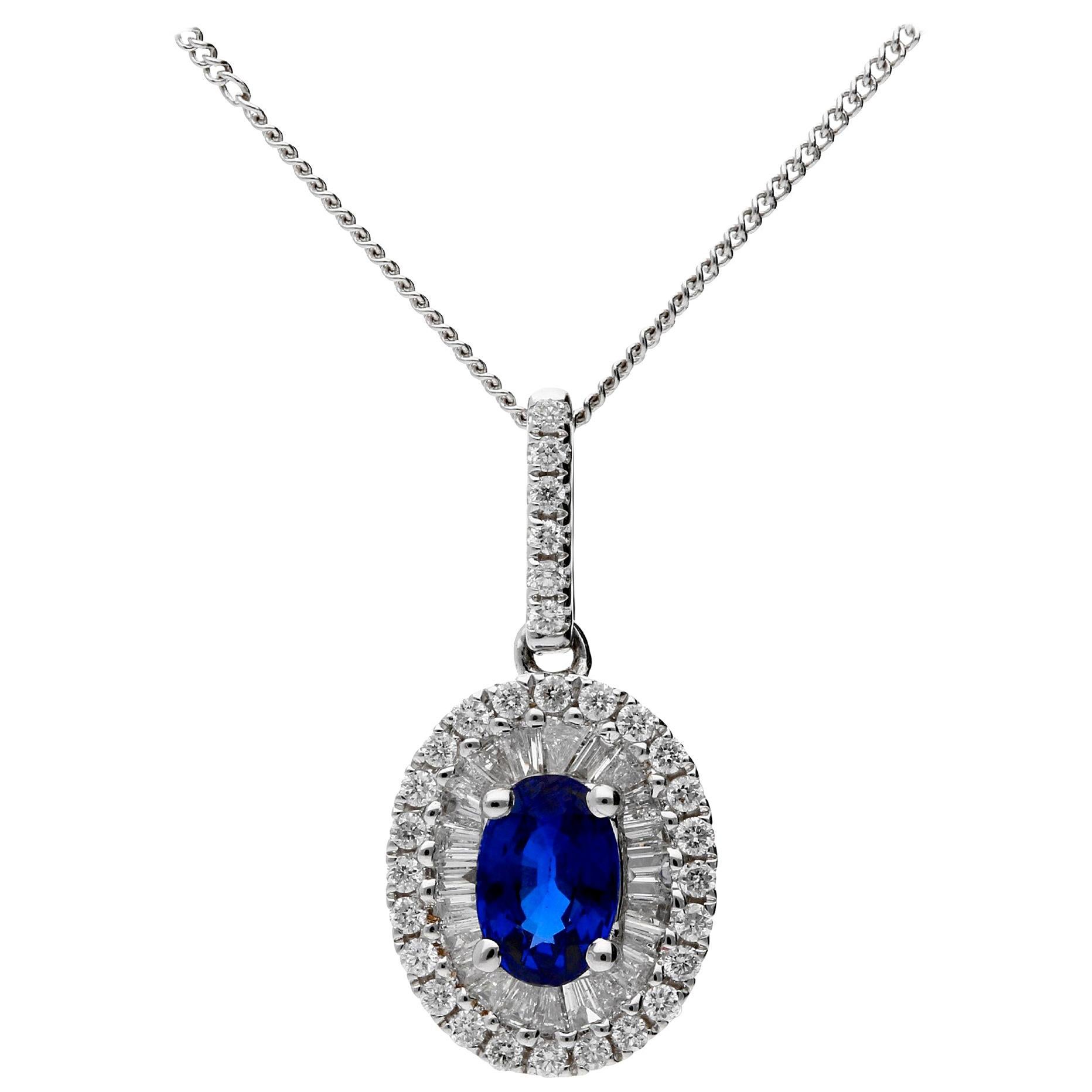 18 Carat White Gold 0.59 Carat Sapphire and 0.34 Carat Diamond Cluster Pendant For Sale