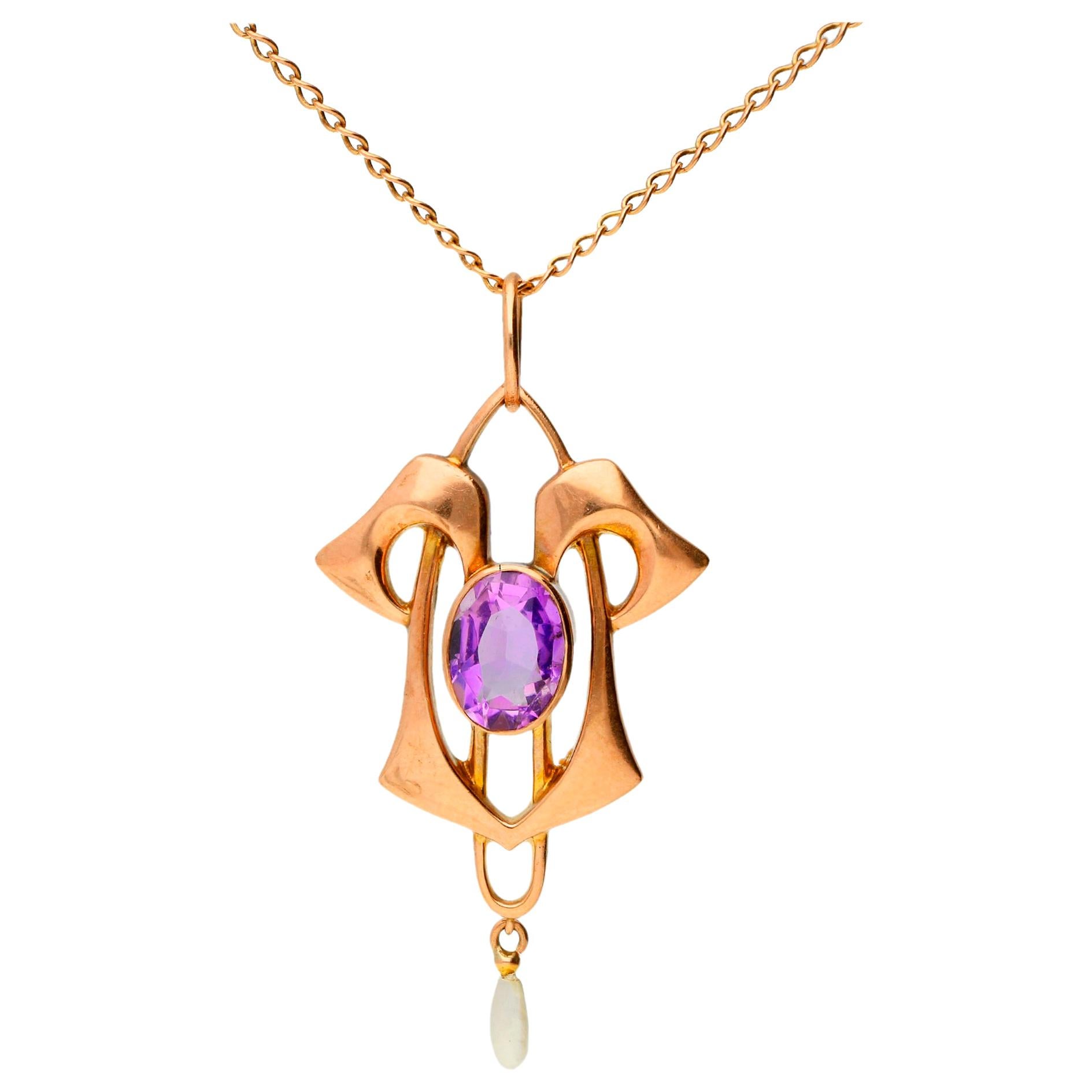 Antique Art Nouveau 9 Carat Rose Gold Amethyst and Seed Pearl Pendant For Sale