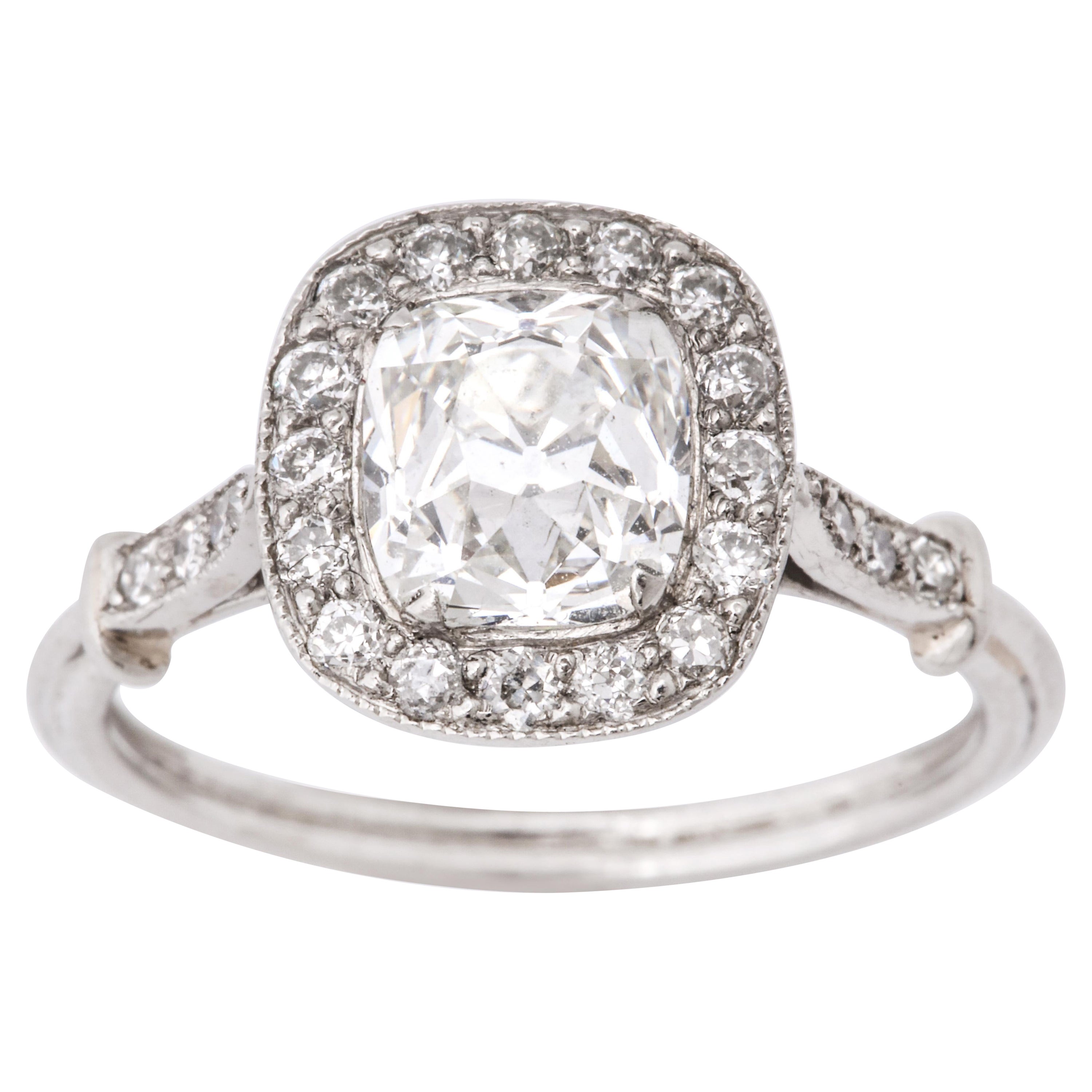 Vintage Cushion Cut VVS G 1.52 Carat Diamond Platinum Engagement Ring