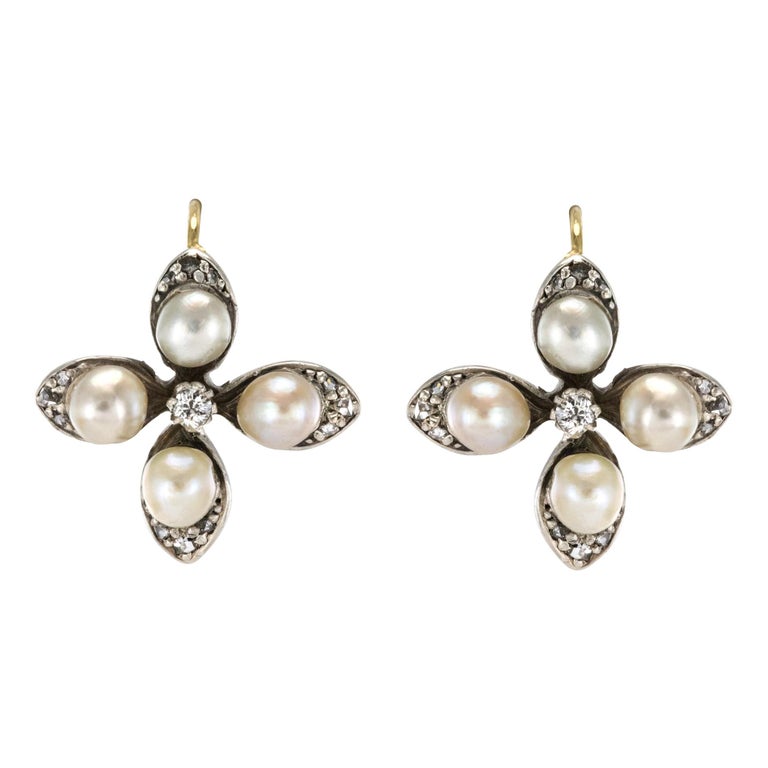 19th Century Natural Pearls Diamonds Clover Shape Lever- Back Earrings