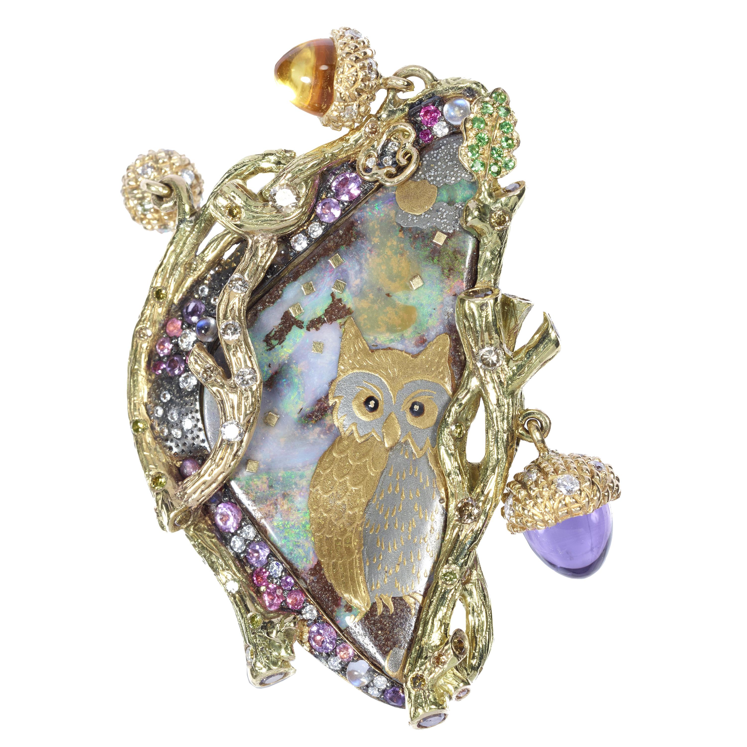Sylvie Corbelin, One of a Kind Opal and Diamond Owl Gold Ring For Sale