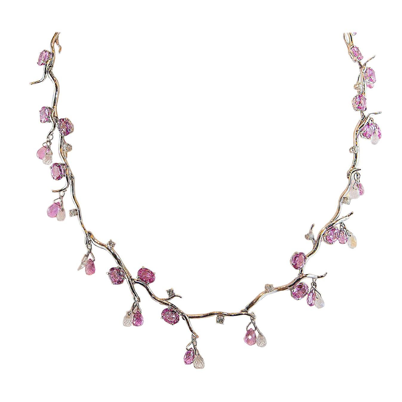 Stunning Pink Sapphire Briolette Moonstone Diamond Gold Necklace For Sale