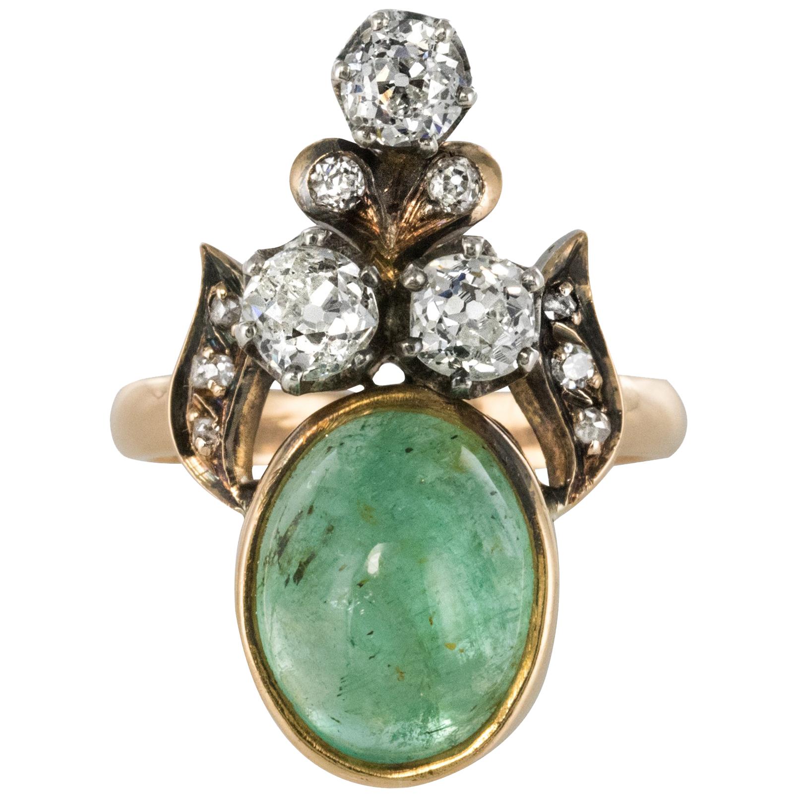 19th Century 4.50 Carat Cabochon Emerald Diamonds Duchess Ring For Sale