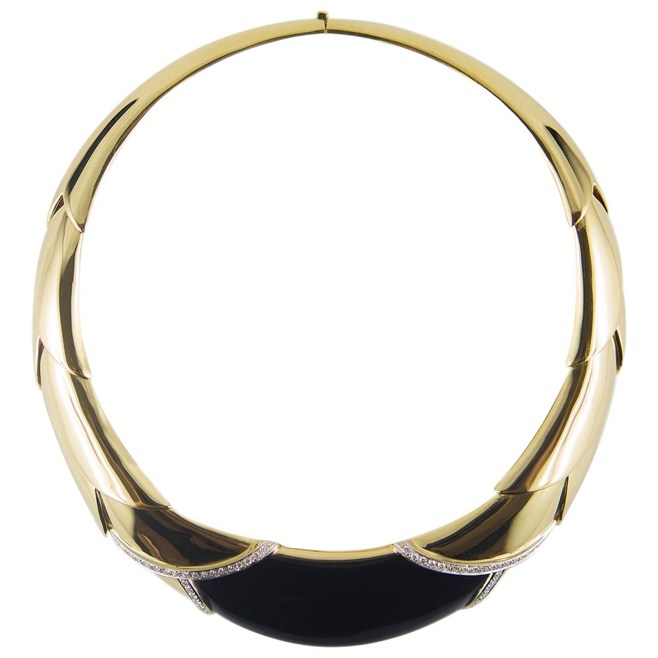 4.00 Carat Black Onyx Diamond Gold Tulip Motif Necklace For Sale