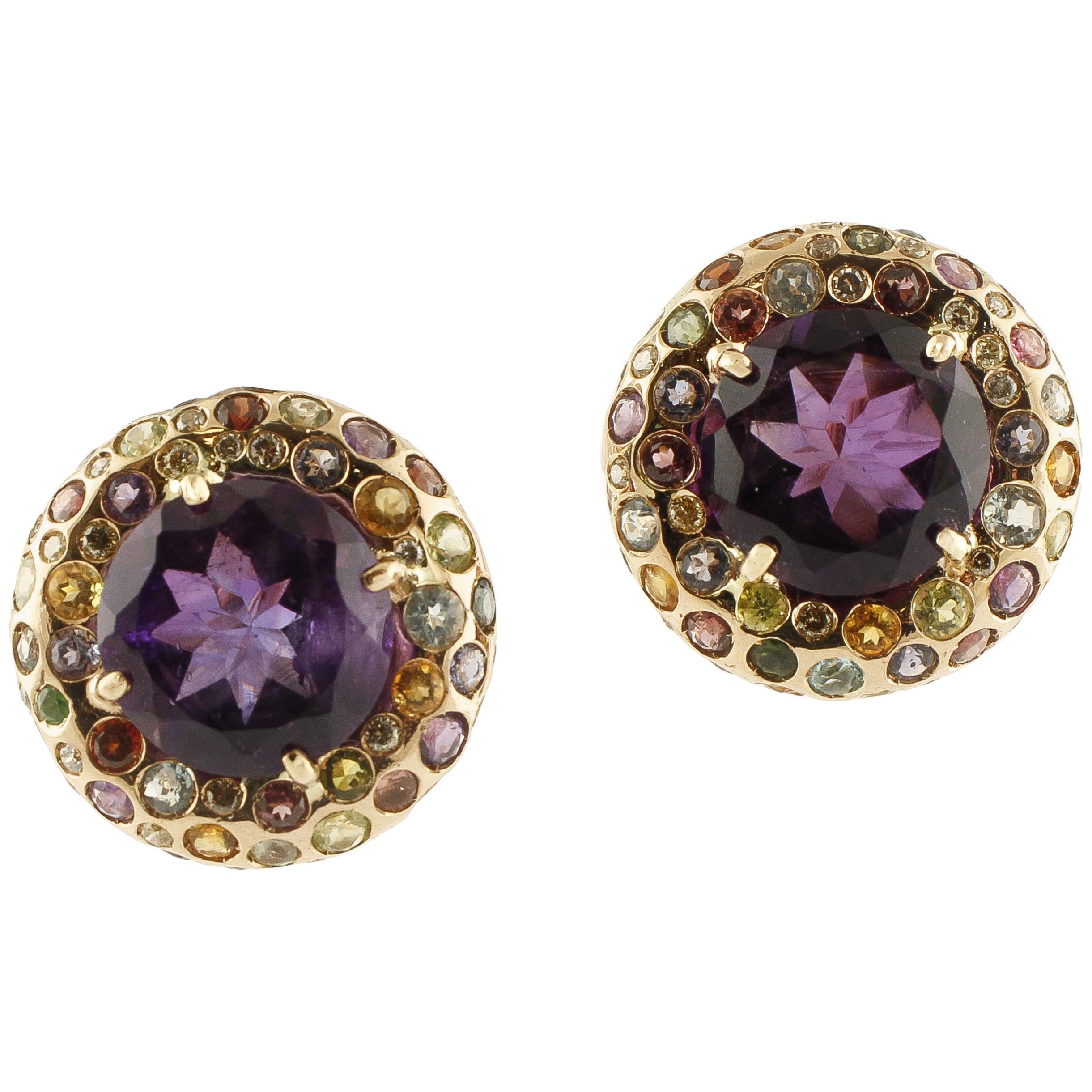 Pendientes de amatista, turmalina, diamantes, granate, aguamarina, iolita y oro rosa