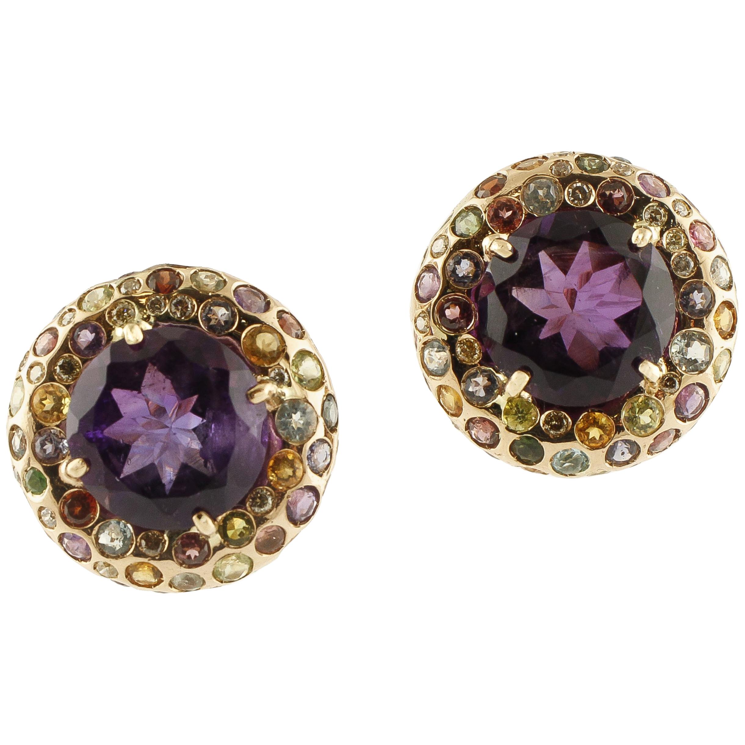 Amethyst, Tourmaline, Diamonds, Garnet, Aquamarine, Iolite, Rose Gold Earrings For Sale