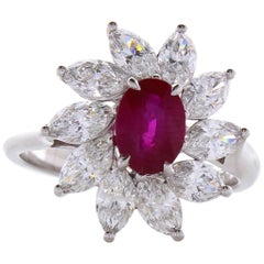 AGL Certified 1.26 Carat Oval Ruby & Marquise Diamond Ring in 18K White Gold
