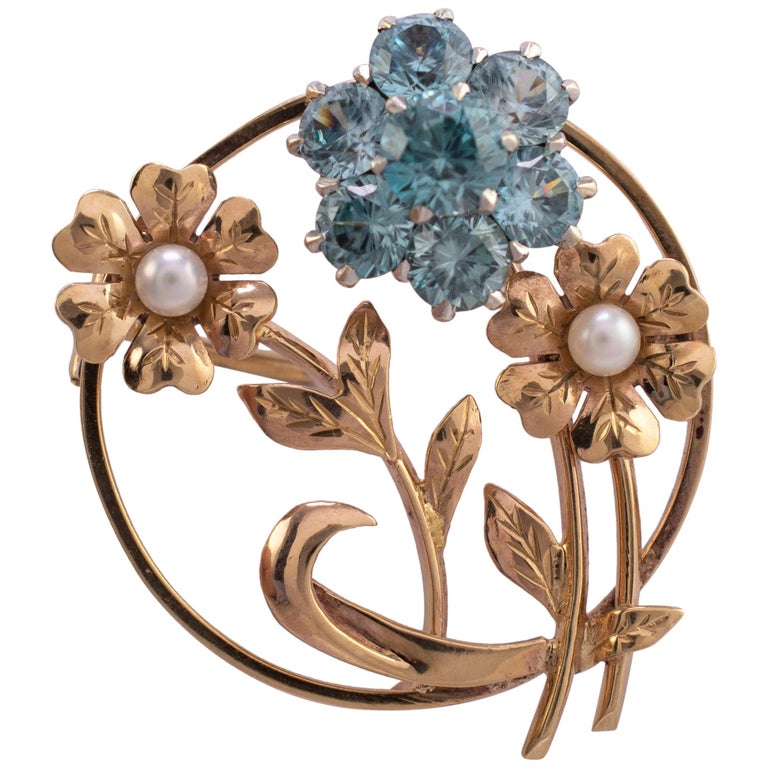 Vintage Blue Zircon Pearl Circular Flower Brooch Gold Hallmarks