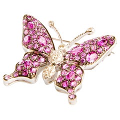 Pink Sapphire, Rubelite and Diamond in White Gold Butterfly Brooch