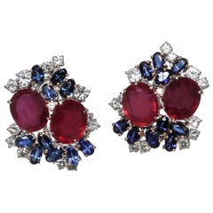 Rubies, Diamonds, Blue Sapphires White and Rose Gold Clip Earrings
