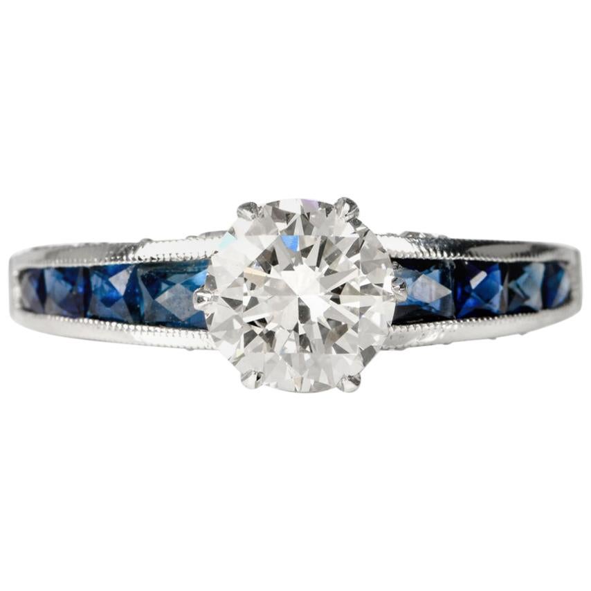 Diamond French Cut Blue Sapphire Platinum Engagement Ring