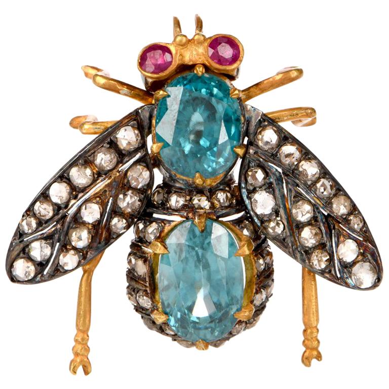 Blue Zircon Diamond Silver Bug Pin Brooch