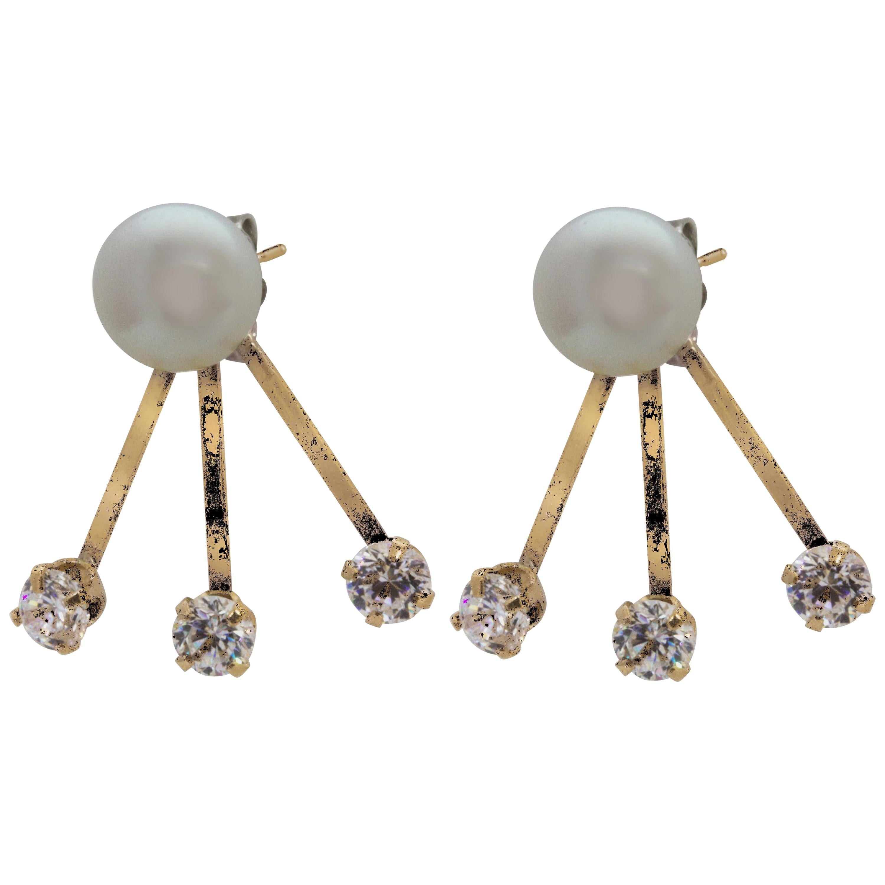 14 Karat Yellow Gold Tribal Style Freshwater Pearl and Cubic Zirconia Earrings For Sale