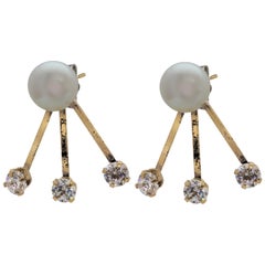 14 Karat Yellow Gold Tribal Style Freshwater Pearl and Cubic Zirconia Earrings