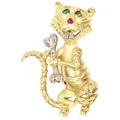 Vintage Hammerman Brothers 18 Karat Diamond, Emerald and Ruby Wild Cat Brooch