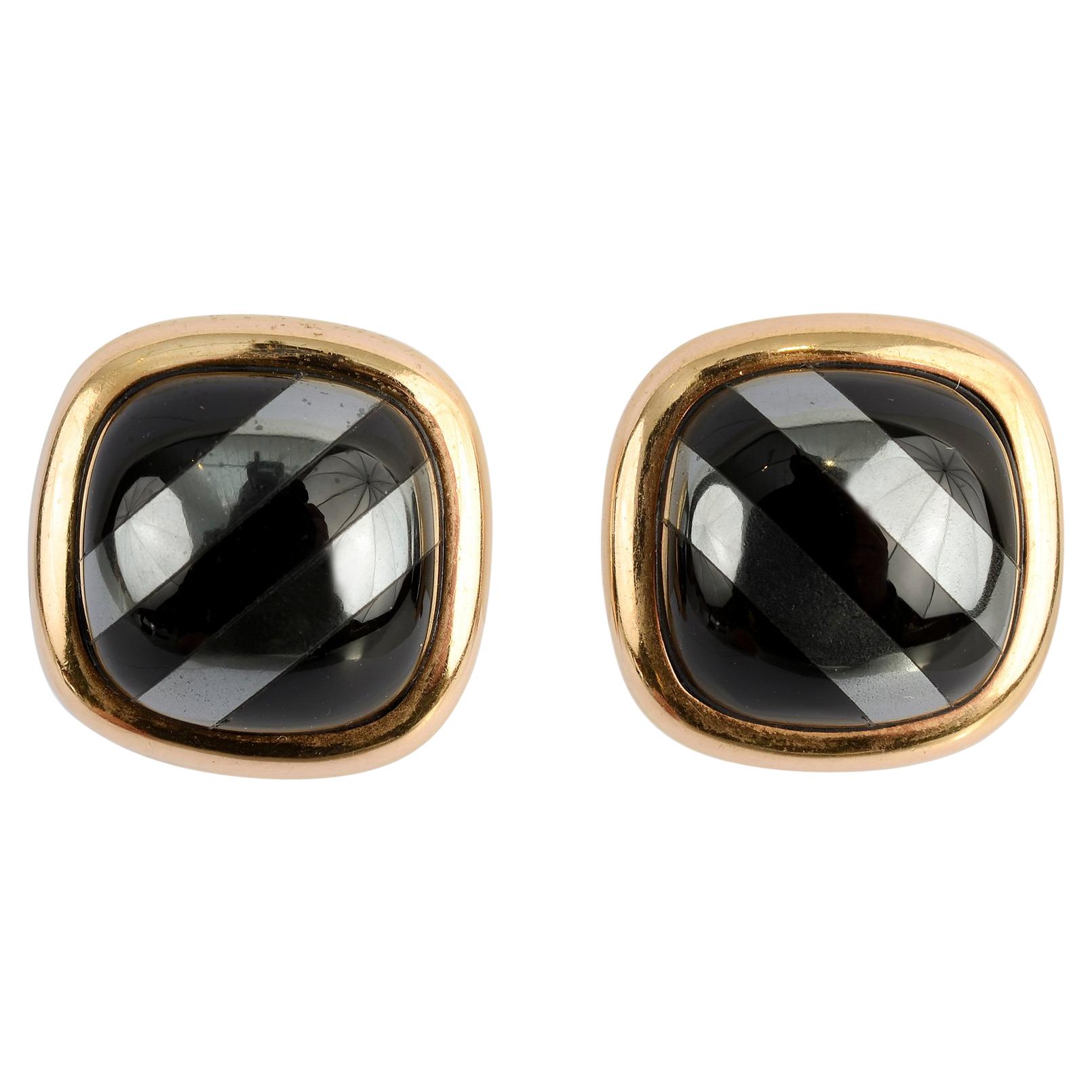 Hematite and Onyx Gold Earrings For Sale