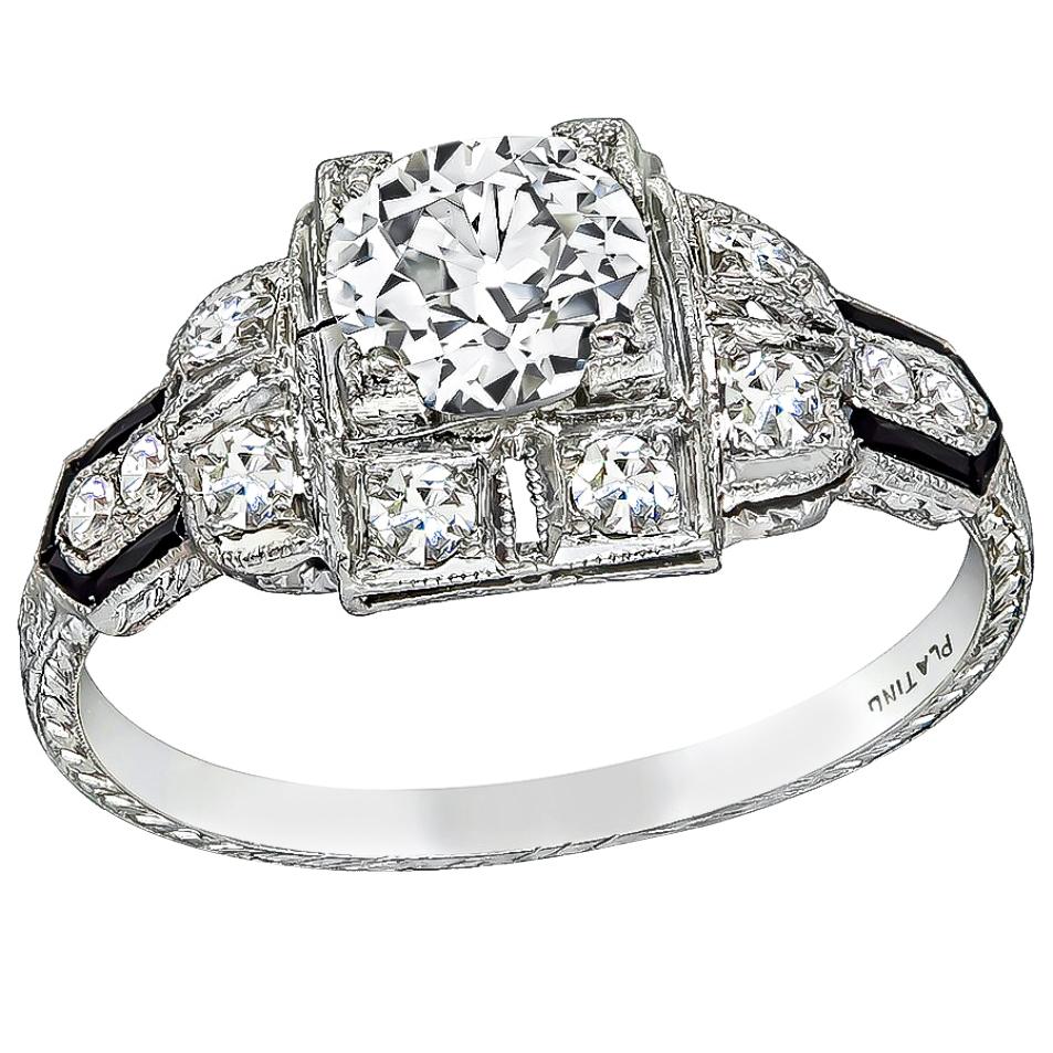 Art Deco GIA 1 Carat Diamond Onyx Engagement Ring