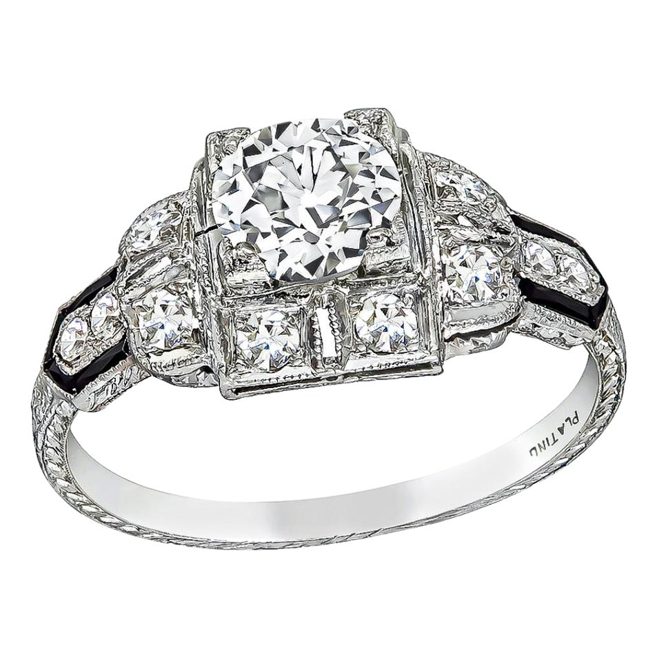 Art Deco GIA 1 Carat Diamond Onyx Engagement Ring For Sale