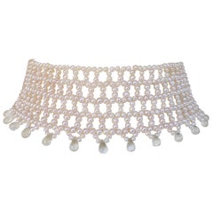 Wide Woven Pearl Choker with Green Amethyst Briolettes and Sliding Clasp