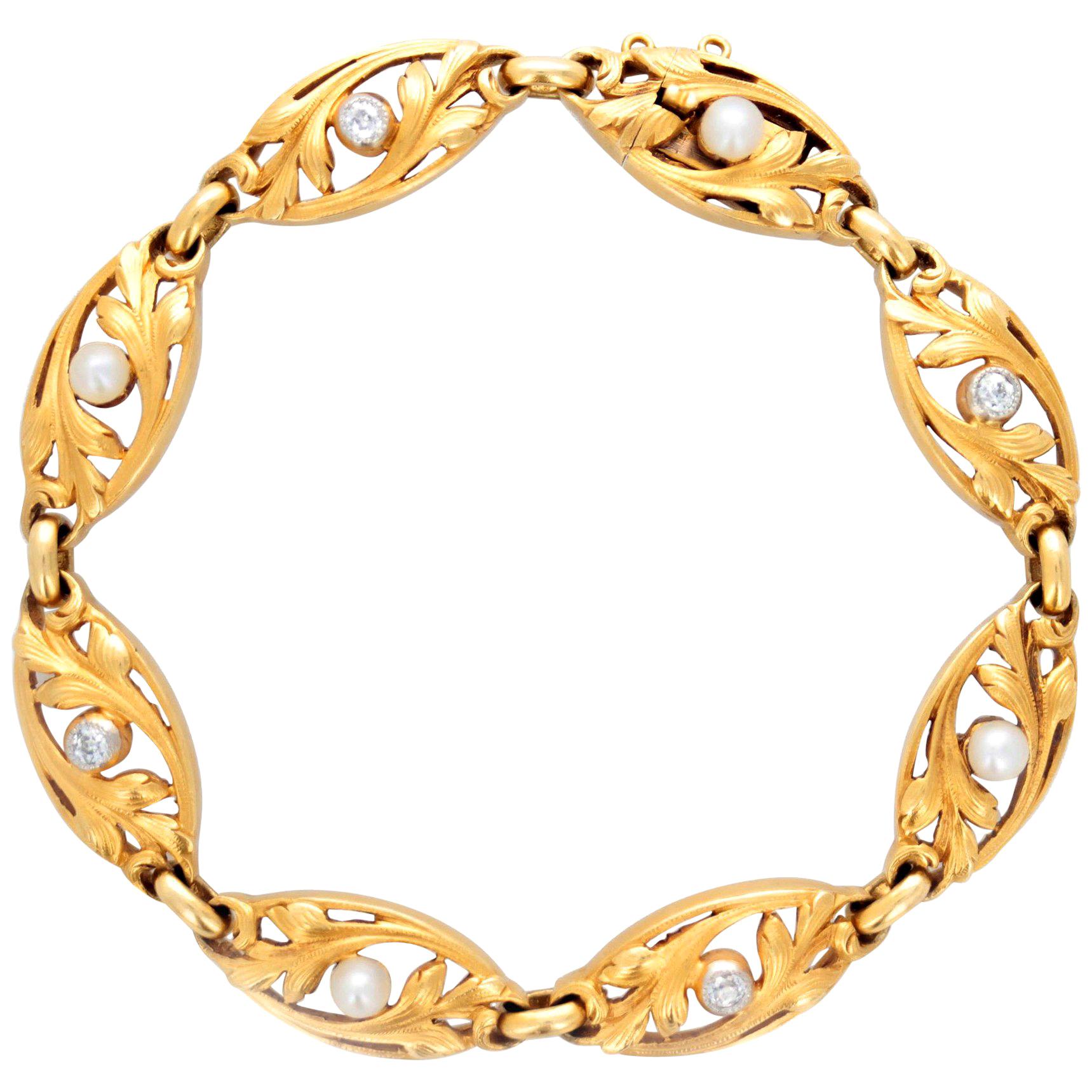 Antique Art Nouveau French Diamond Pearl Gold Bracelet