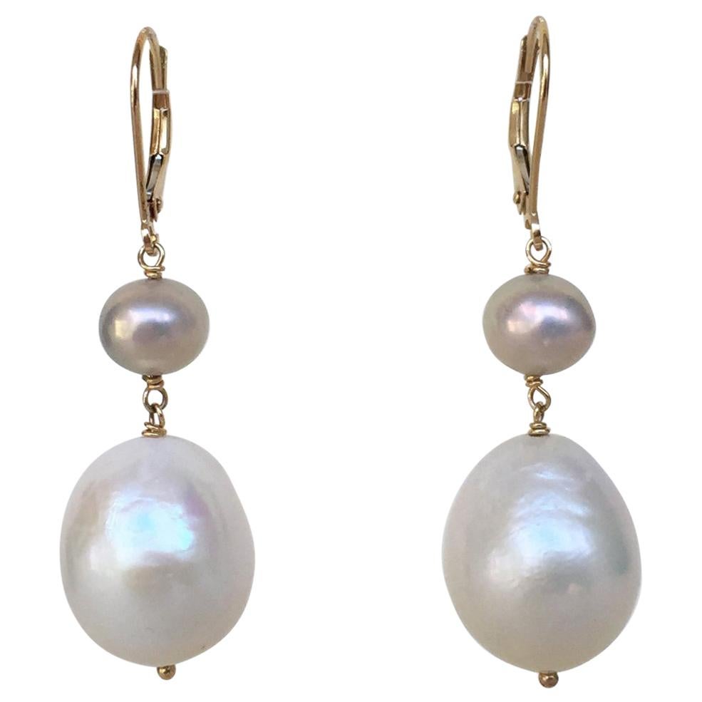 Marina J White and Grey Pearl Drop Earrings with 14 K Yellow Gold Lever Backs