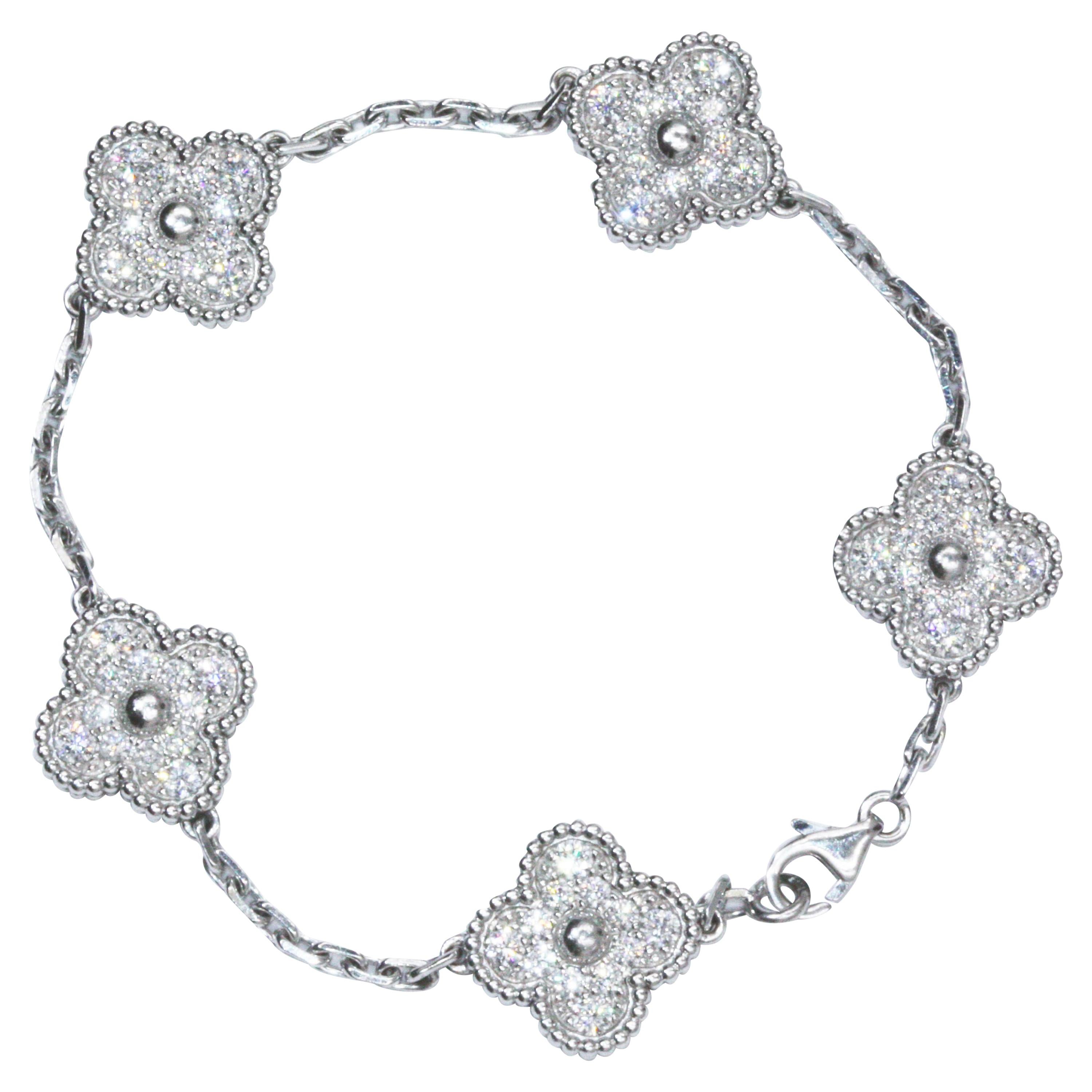Van Cleef & Arpels White Gold Vintage Alhambra Motifs Diamond Bracelet For Sale