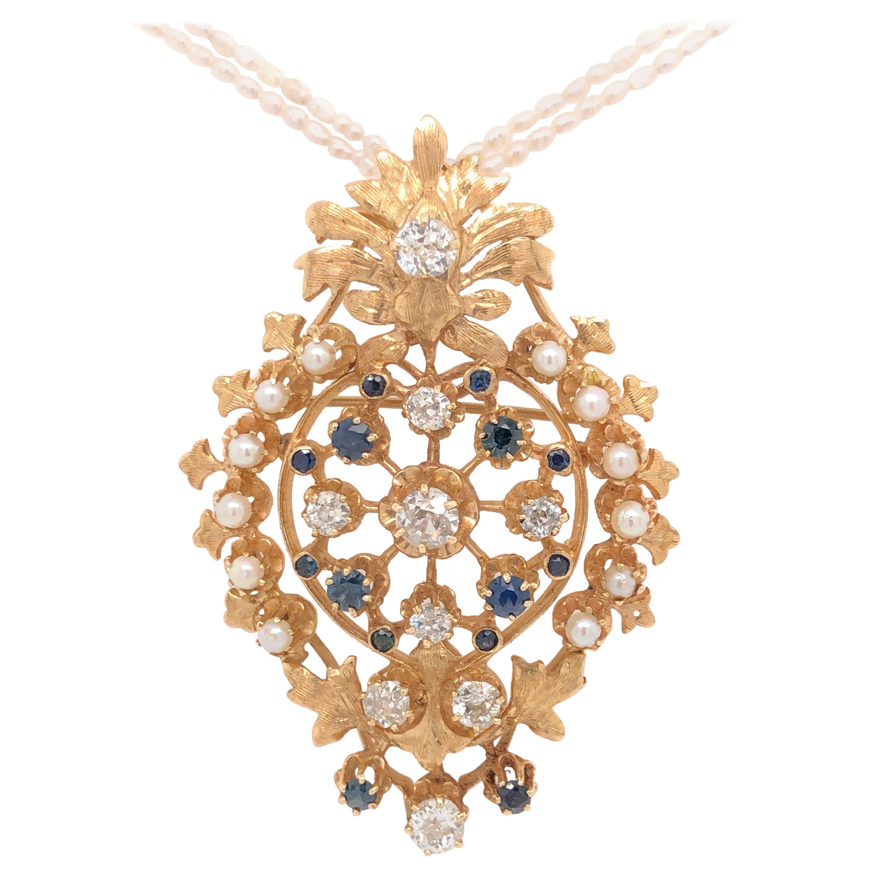 Diamond Sapphire Pearl Yellow Gold Brooch Pendant Combination