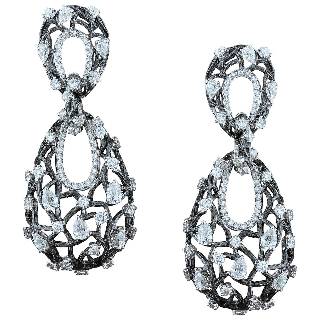 Diamond Floral Drop Long Earrings For Sale at 1stDibs