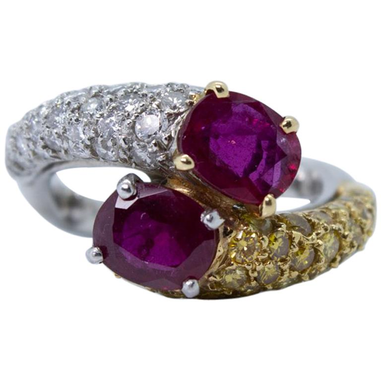 AGL Certified 18K White Gold Ruby, White and Yellow Pave Diamond Bypass Ring