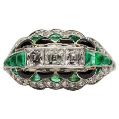  Art Deco Style French Cut Diamond, Emerald, and Onyx Platinum Ring