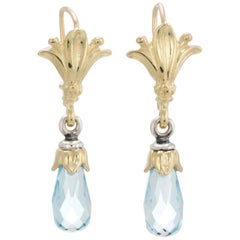 Vintage Estate Blue Topaz Drop Earrings Briolette Faceted 18 Karat Gold Fine Jewelry