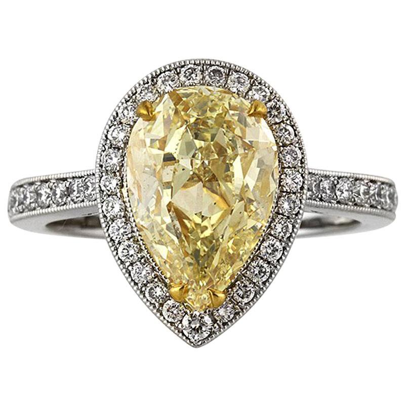 Mark Broumand 3.58 Carat Fancy Light Yellow Pear Shaped Diamond Engagement Ring For Sale
