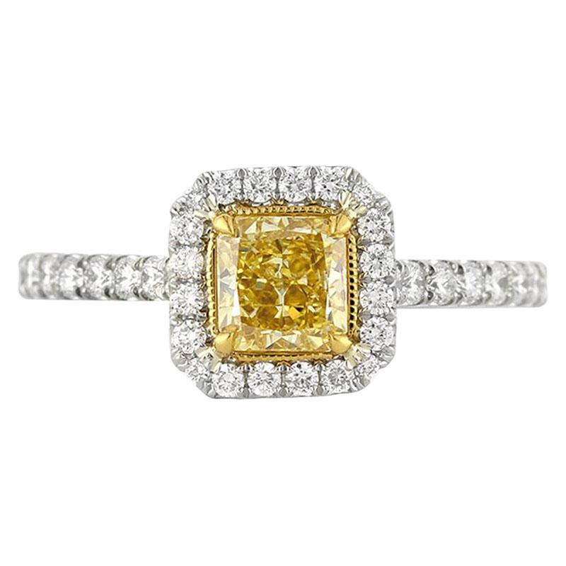 Mark Broumand 1.30 Carat Fancy Intense Yellow Radiant Cut Diamond Ring For Sale