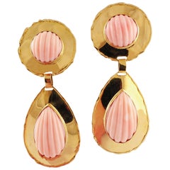 Engraved Pink Coral Spheres and Drops, 18K Yellow Gold Dangle Clip-on Earrings