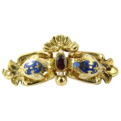 18 Karat Yellow Gold, Garnet, Seed Pearl and Enamel Brooch or Pin