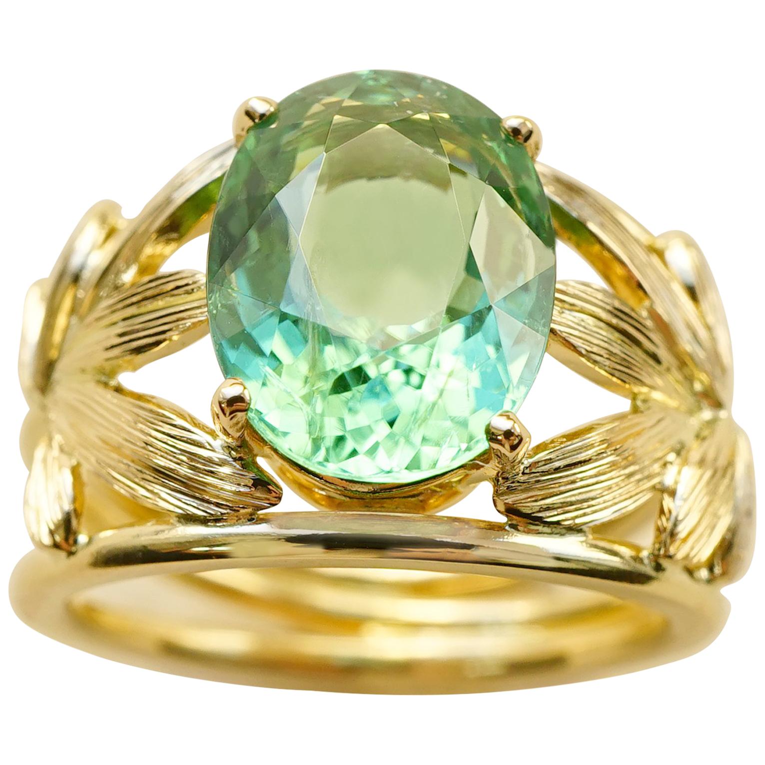 Yellow Gold 18k Palm Leaves Paraiba Turquoise Tourmaline Cocktail Ring For Sale