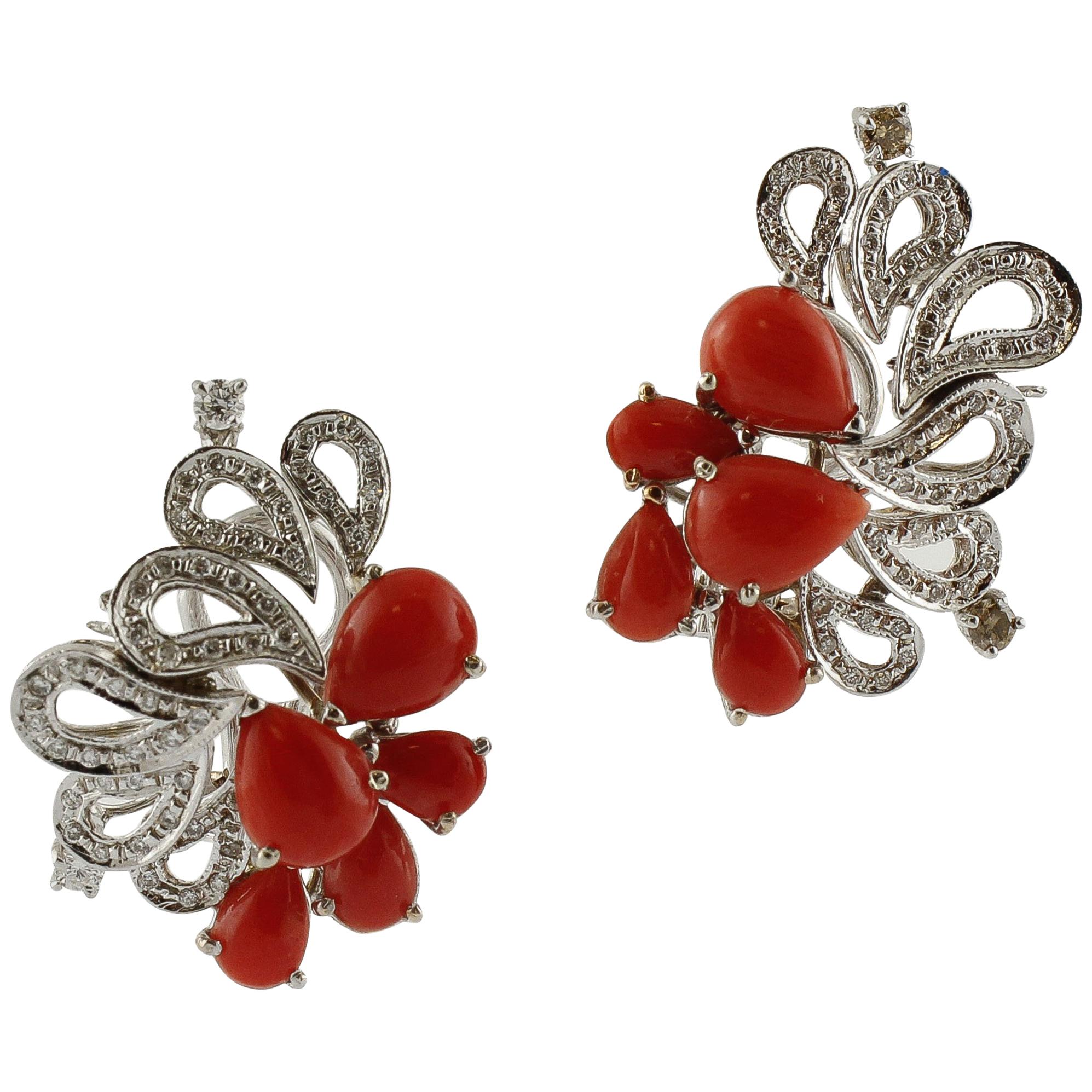 Red Coral Drops, Diamonds, 14K  White Gold Clip-on Earrings