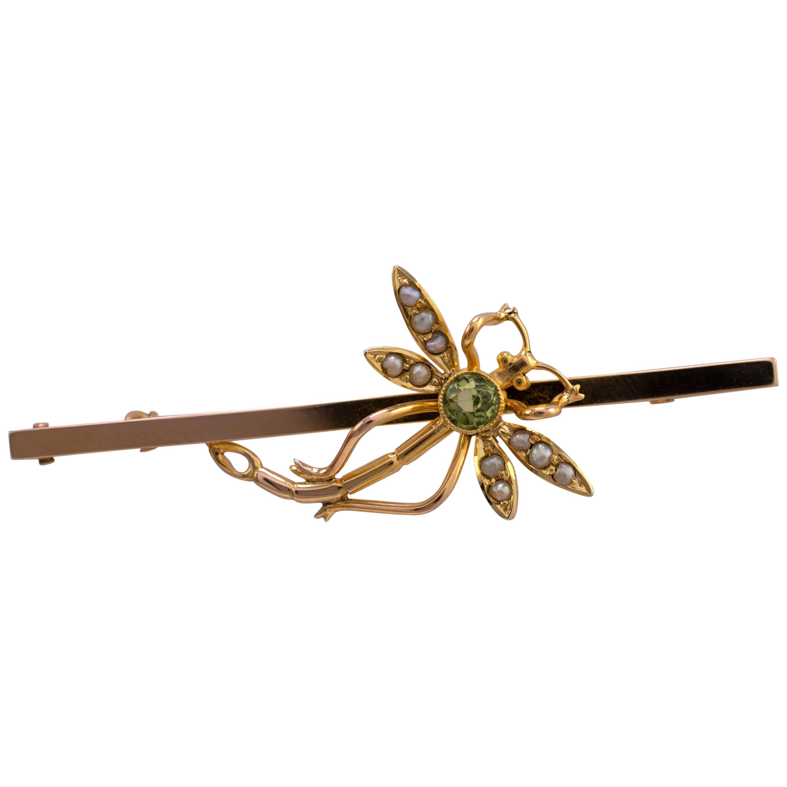 Antique Peridot & Pearl Dragonfly Insect Brooch Pin