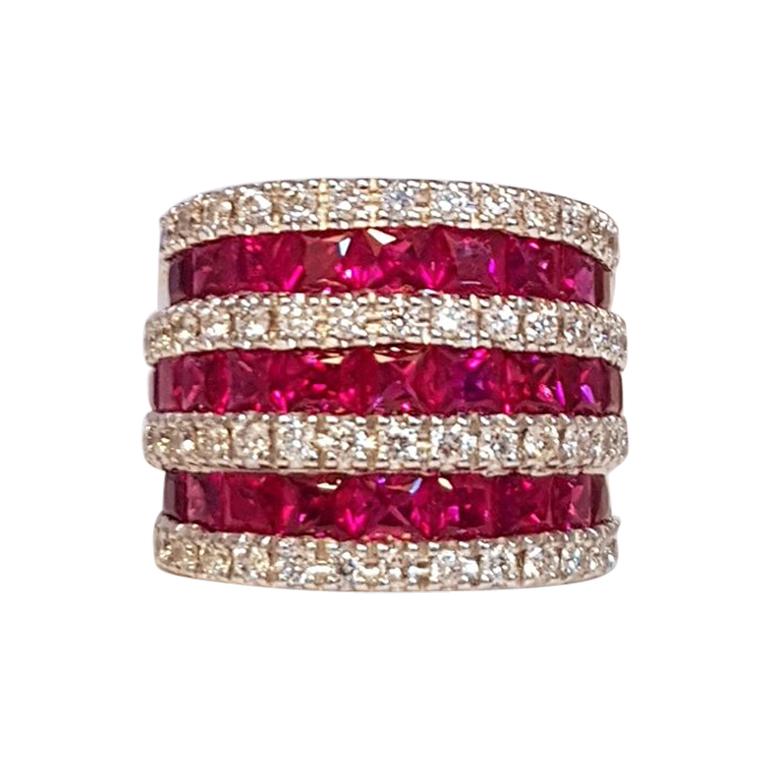 Fratelli Piccini Florence Ruby and White Diamonds 18 Karat White Gold Band Ring For Sale